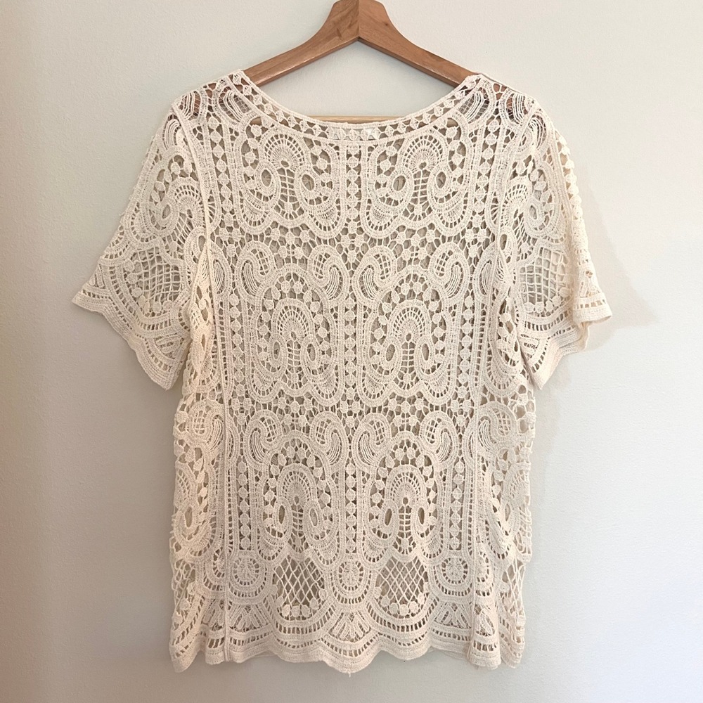 Adiva Cream Crochet Lace Short Sleeve Top Ivory Boho Festival Scalloped Hem Med - Picture 2 of 8